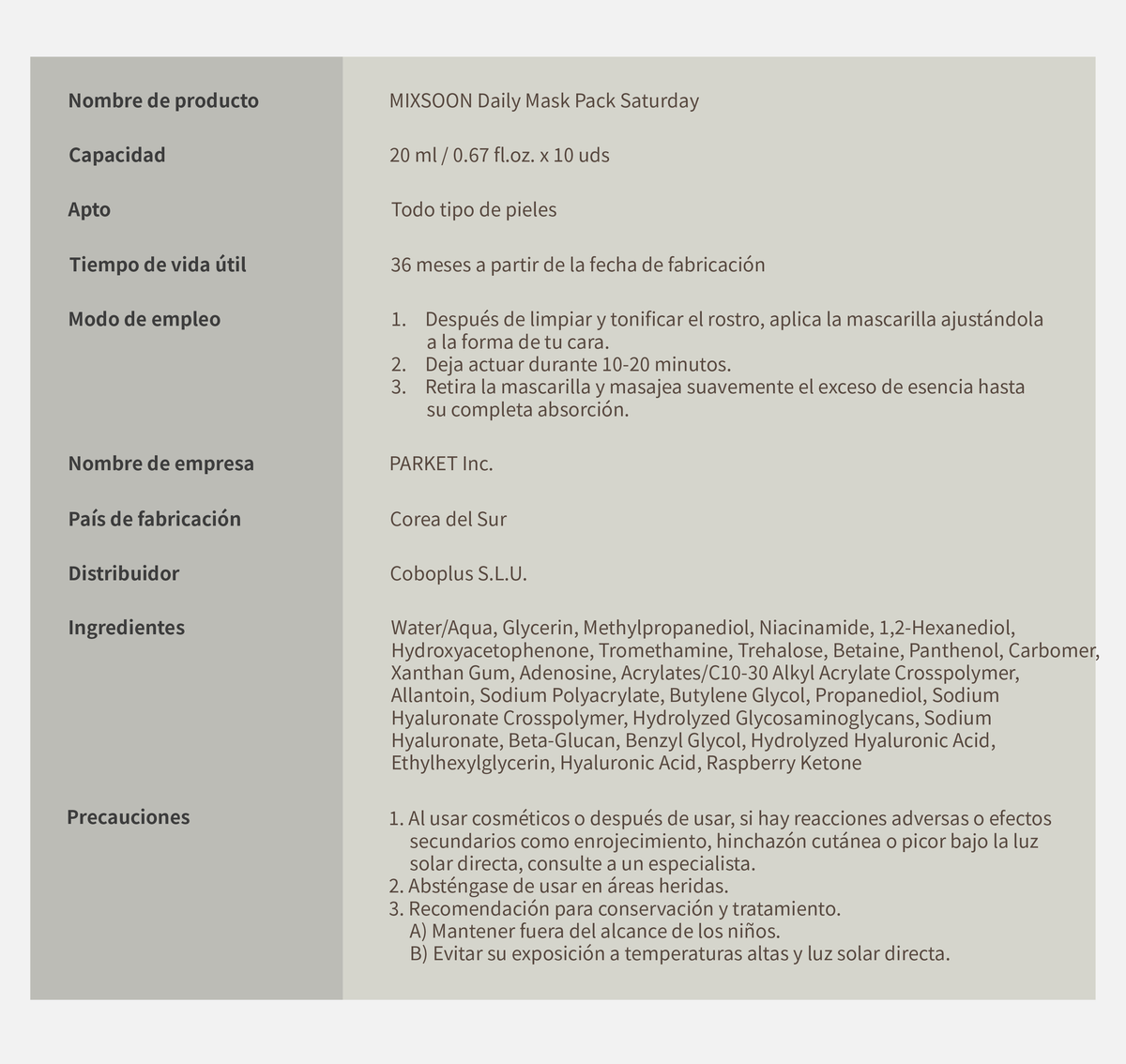 mixsoon Daily Mask Pack Saturday MIXSOON