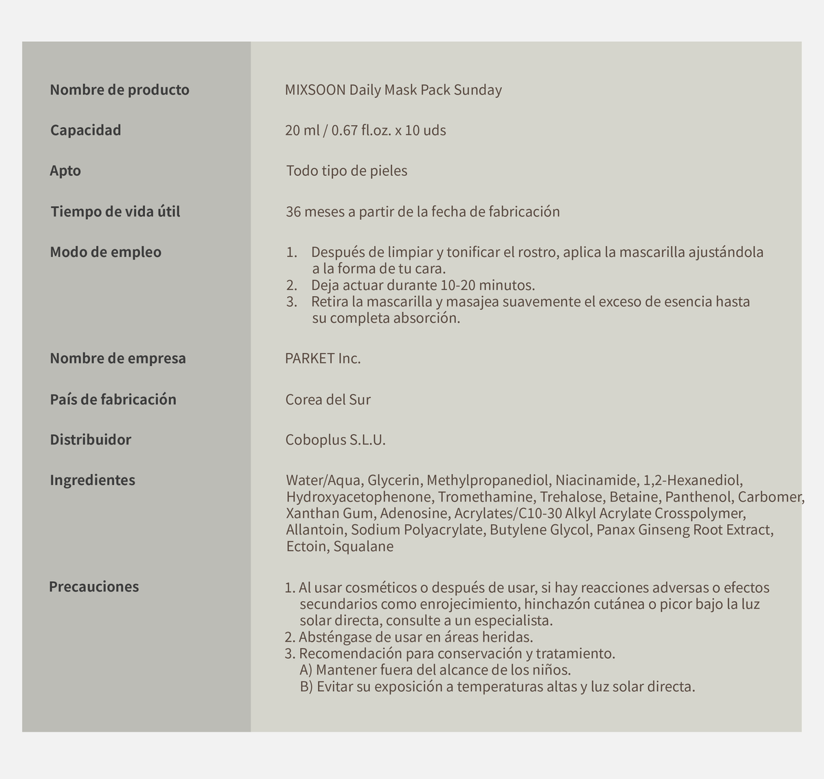 mixsoon Daily Mask Pack Sunday MIXSOON