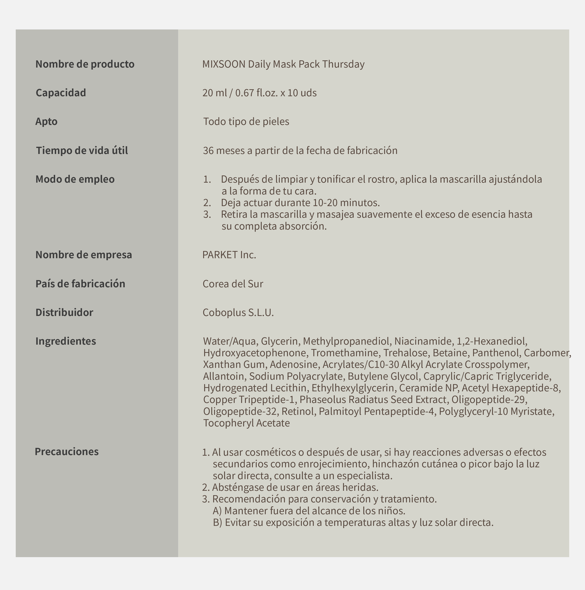 mixsoon Daily Mask Pack Thursday MIXSOON