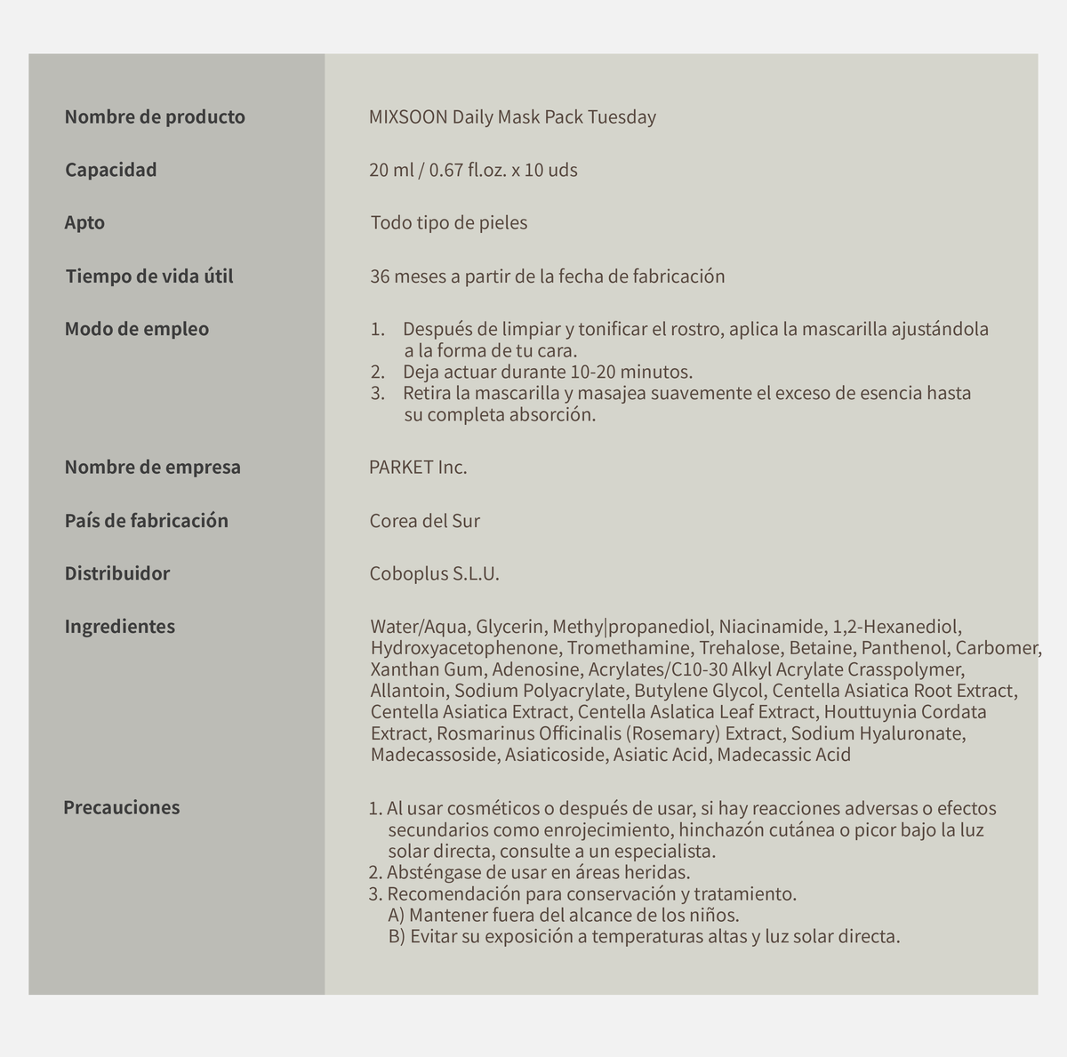 mixsoon Daily Mask Pack Tuesday MIXSOON